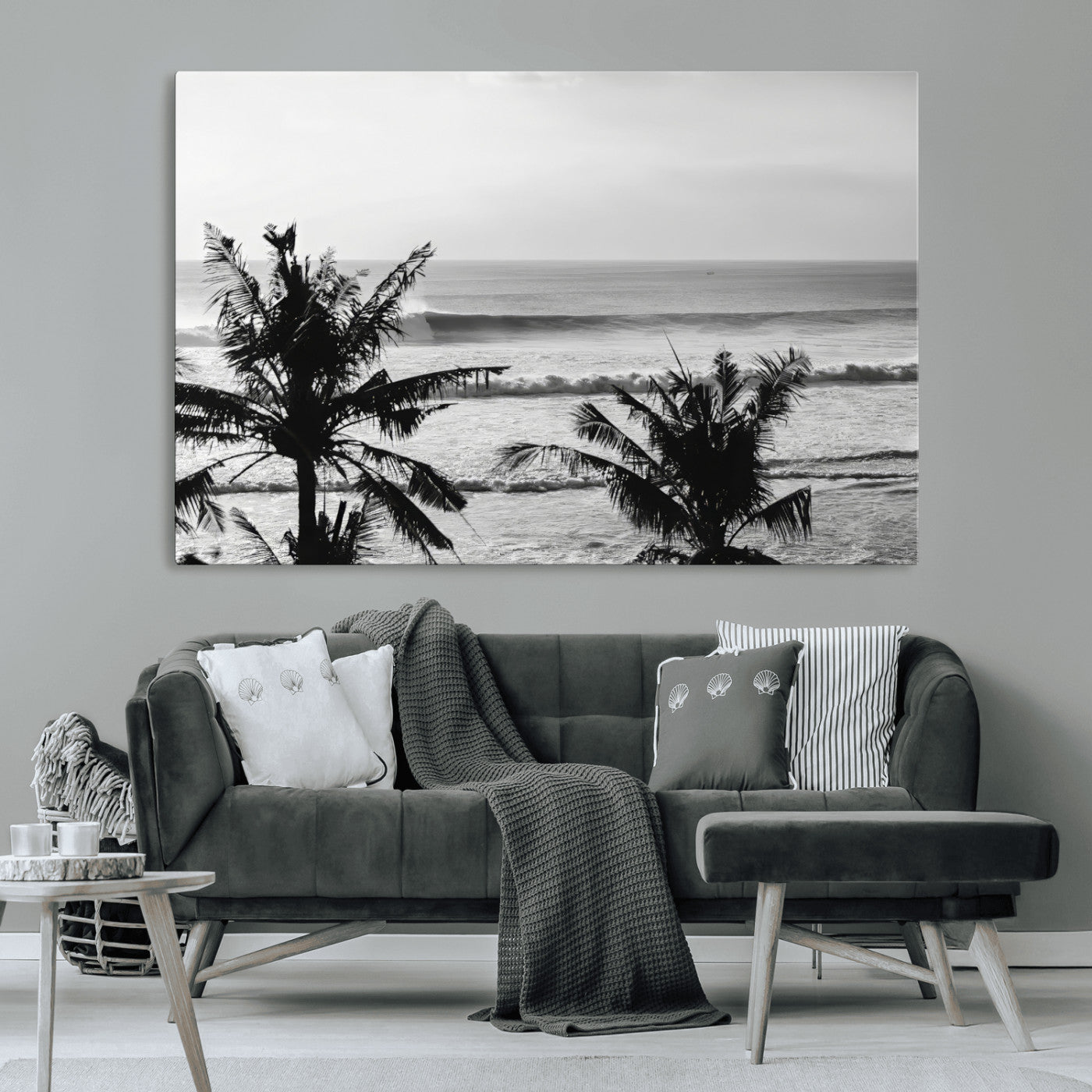 17508038-MGV-CV-36X24-Tropical Coastline Wall Art Canvas Print, Framed Palm Trees Art Picture Print, Ocean Waves Perfect Minimalist Coastal Decor