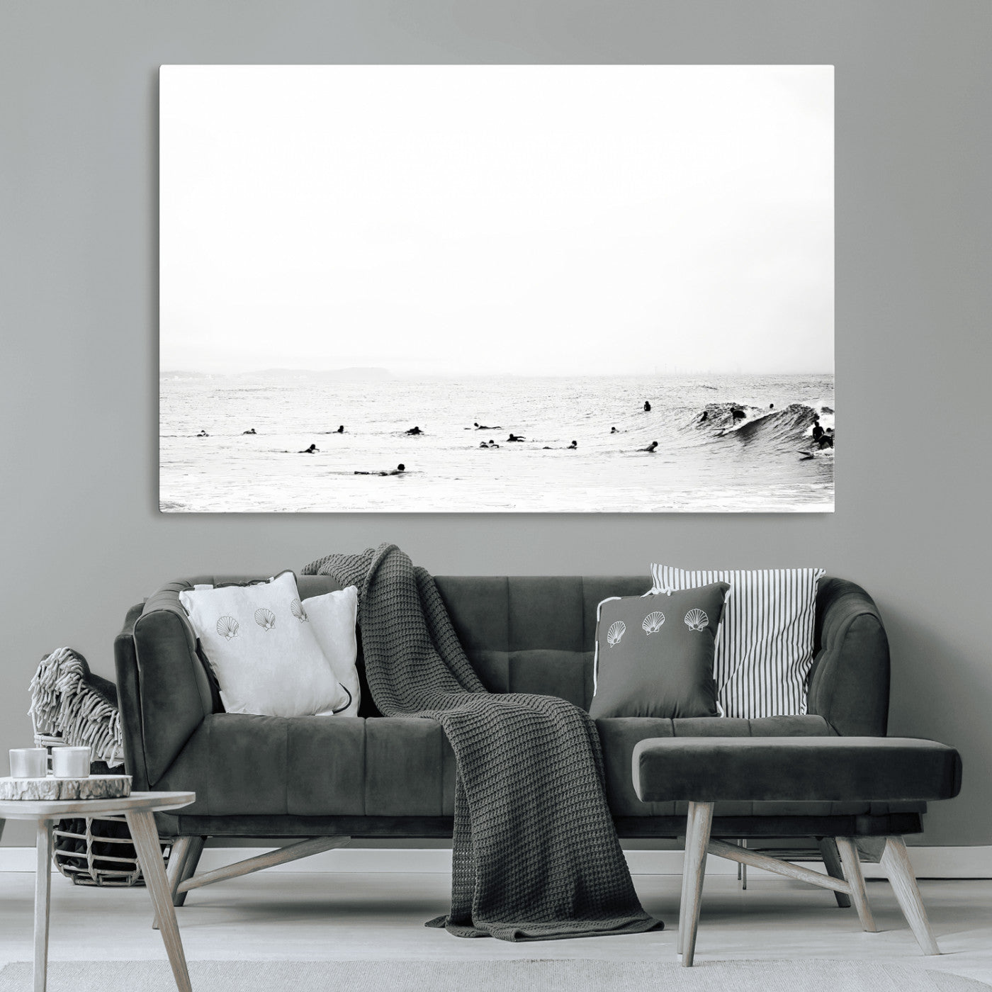 38441169-MGV-CV-36X24-Monochrome Swimming Wall Art Canvas Print, Framed Ocean Horizon Art Picture Print, Moody Coastal Perfect Minimalist Coastal Decor