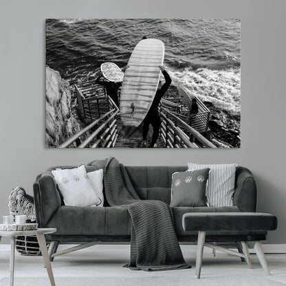 32353707-MGV-CV-36X24-Black White Surfing Wall Art Canvas Print, Framed Coastal Surfing Art Picture Print, Wave Riders Perfect Coastal Adventure Decor