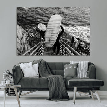 32353707-MGV-CV-36X24-Black White Surfing Wall Art Canvas Print, Framed Coastal Surfing Art Picture Print, Wave Riders Perfect Coastal Adventure Decor