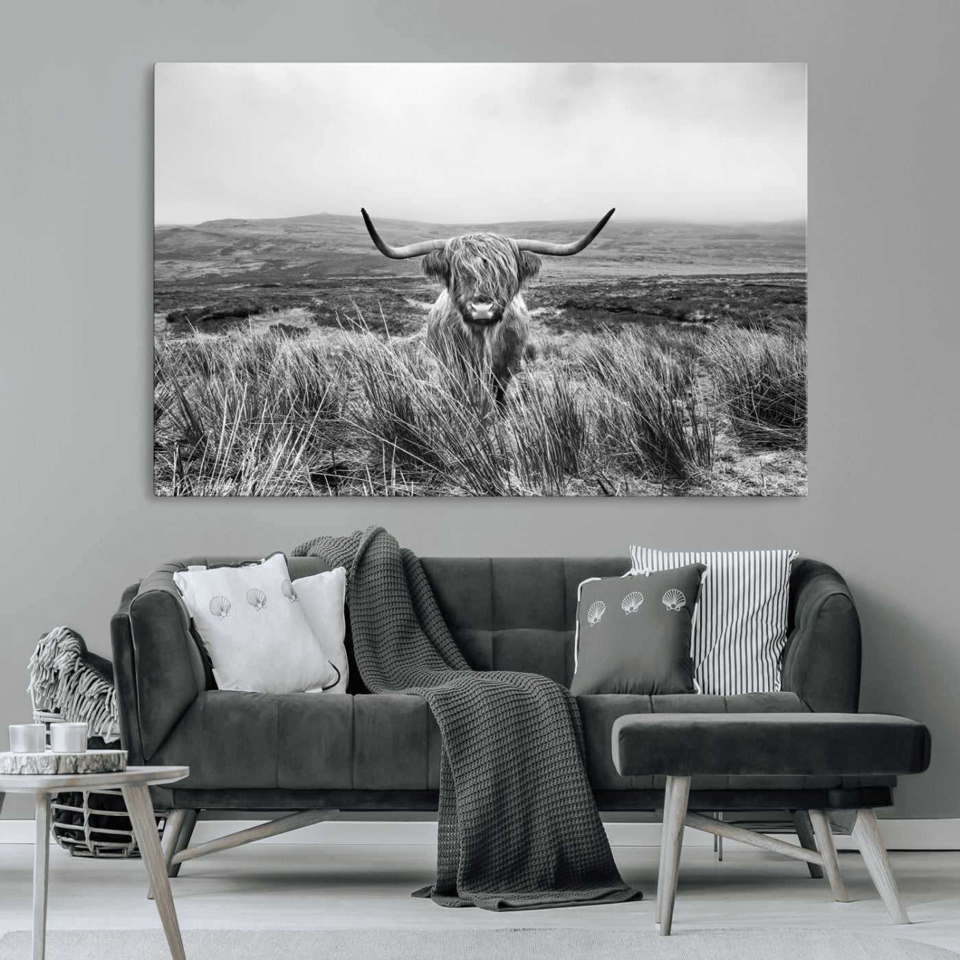 24051061-MGV-CV-36X24-Monochrome Highland Cow Wall Art Canvas Print, Framed Scottish Bull Art Picture Print, Lone Cattle Perfect Rustic Farmhouse Decor