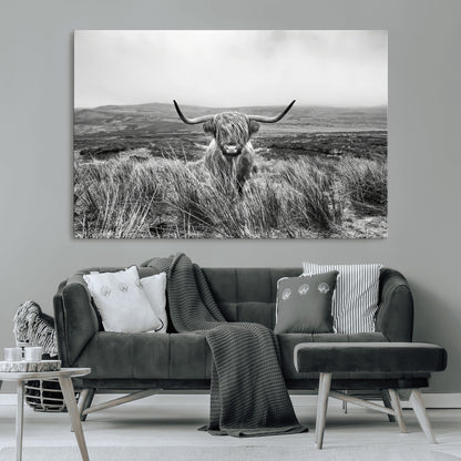 24051061-MGV-CV-36X24-Monochrome Highland Cow Wall Art Canvas Print, Framed Scottish Bull Art Picture Print, Lone Cattle Perfect Rustic Farmhouse Decor