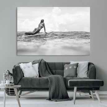 69798068-MGV-CV-36X24-Black White Surfing Wall Art Canvas Print, Framed Ocean Horizon Art Picture Print, Surfer Girl Perfect Coastal Adventure Decor