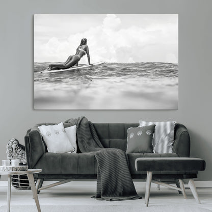 69798068-MGV-CV-36X24-Black White Surfing Wall Art Canvas Print, Framed Ocean Horizon Art Picture Print, Surfer Girl Perfect Coastal Adventure Decor