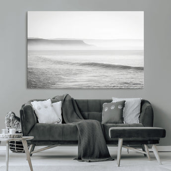 60635783-MGV-CV-36X24-Black White Seascape Wall Art Canvas Print, Framed Ocean Waves Art Picture Print, Misty Coastal Perfect Minimalist Coastal Decor