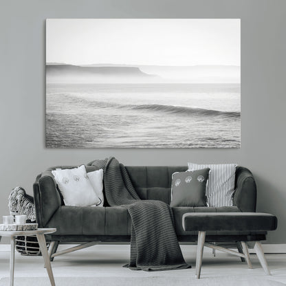 60635783-MGV-CV-36X24-Black White Seascape Wall Art Canvas Print, Framed Ocean Waves Art Picture Print, Misty Coastal Perfect Minimalist Coastal Decor