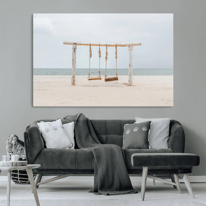 68327283-MGV-CV-36X24-Beach Swing Wall Art Canvas Print, Framed Quiet Beach Art Picture Print, Calm Shoreline Perfect Bohemian Coastal Decor Artwork