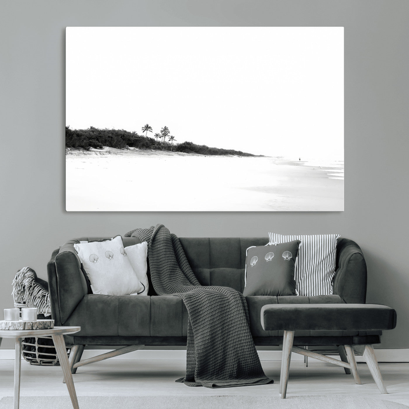 29611516-MGV-CV-36X24-Black White Beach Wall Art Canvas Print, Framed Palm Trees Art Picture Print, Monochrome Tropical Perfect Minimalist Coastal Decor