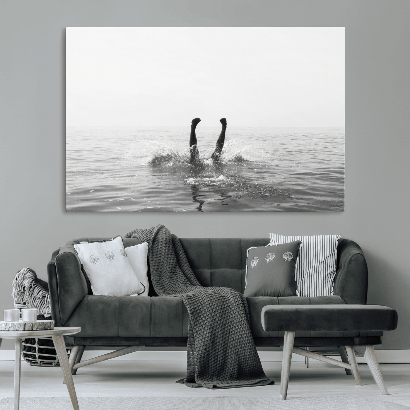 26667396-MGV-CV-36X24-Black White Ocean Wall Art Canvas Print, Framed Monochrome Water Art Picture Print, Diving into Water Perfect Minimalist Aquatic