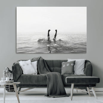 26667396-MGV-CV-36X24-Black White Ocean Wall Art Canvas Print, Framed Monochrome Water Art Picture Print, Diving into Water Perfect Minimalist Aquatic