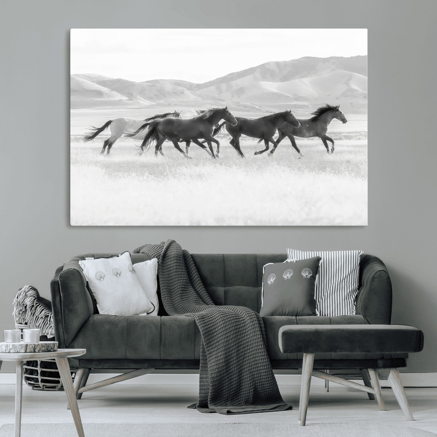 69934913-MGV-CV-36X24-Wild Horses Running Wall Art Canvas Print, Framed Black White Mustangs Art Picture Print, Rustic Western Perfect Rustic Western
