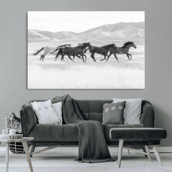 69934913-MGV-CV-36X24-Wild Horses Running Wall Art Canvas Print, Framed Black White Mustangs Art Picture Print, Rustic Western Perfect Rustic Western