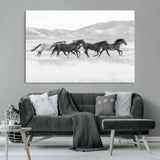 69934913-MGV-CV-36X24-Wild Horses Running Wall Art Canvas Print, Framed Black White Mustangs Art Picture Print, Rustic Western Perfect Rustic Western