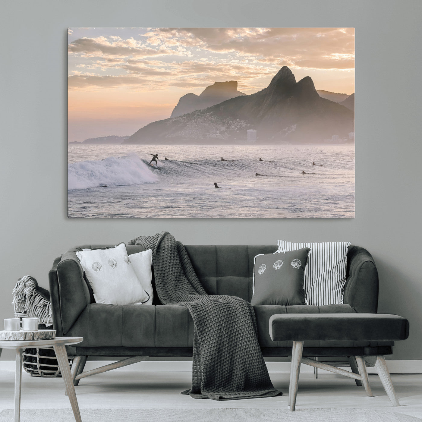 70644906-MGV-CV-36X24-Sunset Surfing Wall Art Canvas Print, Framed Misty Mountains Art Picture Print, Surfer Riding Wave Perfect Coastal Adventure Decor
