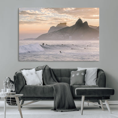 70644906-MGV-CV-36X24-Sunset Surfing Wall Art Canvas Print, Framed Misty Mountains Art Picture Print, Surfer Riding Wave Perfect Coastal Adventure Decor