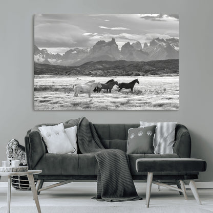 21655040-MGV-CV-36X24-Wild Horses Wall Art Canvas Print, Framed Black White Mountains Art Picture Print, Rustic Countryside Perfect Rustic Western Decor