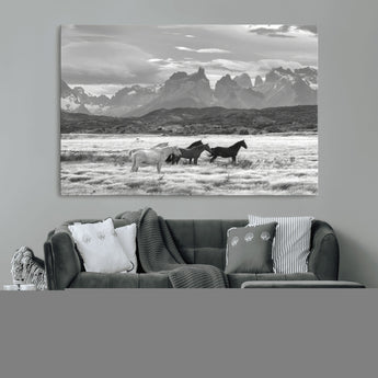 21655040-MGV-CV-36X24-Wild Horses Wall Art Canvas Print, Framed Black White Mountains Art Picture Print, Rustic Countryside Perfect Rustic Western Decor