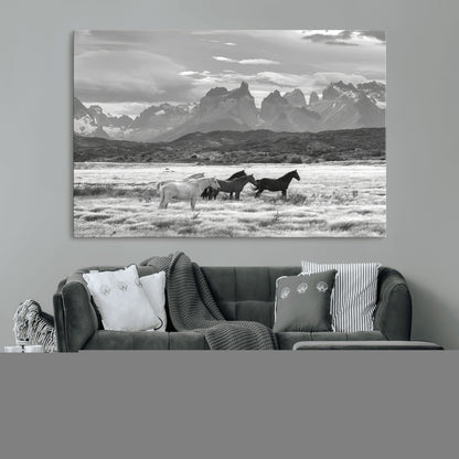21655040-MGV-CV-36X24-Wild Horses Wall Art Canvas Print, Framed Black White Mountains Art Picture Print, Rustic Countryside Perfect Rustic Western Decor