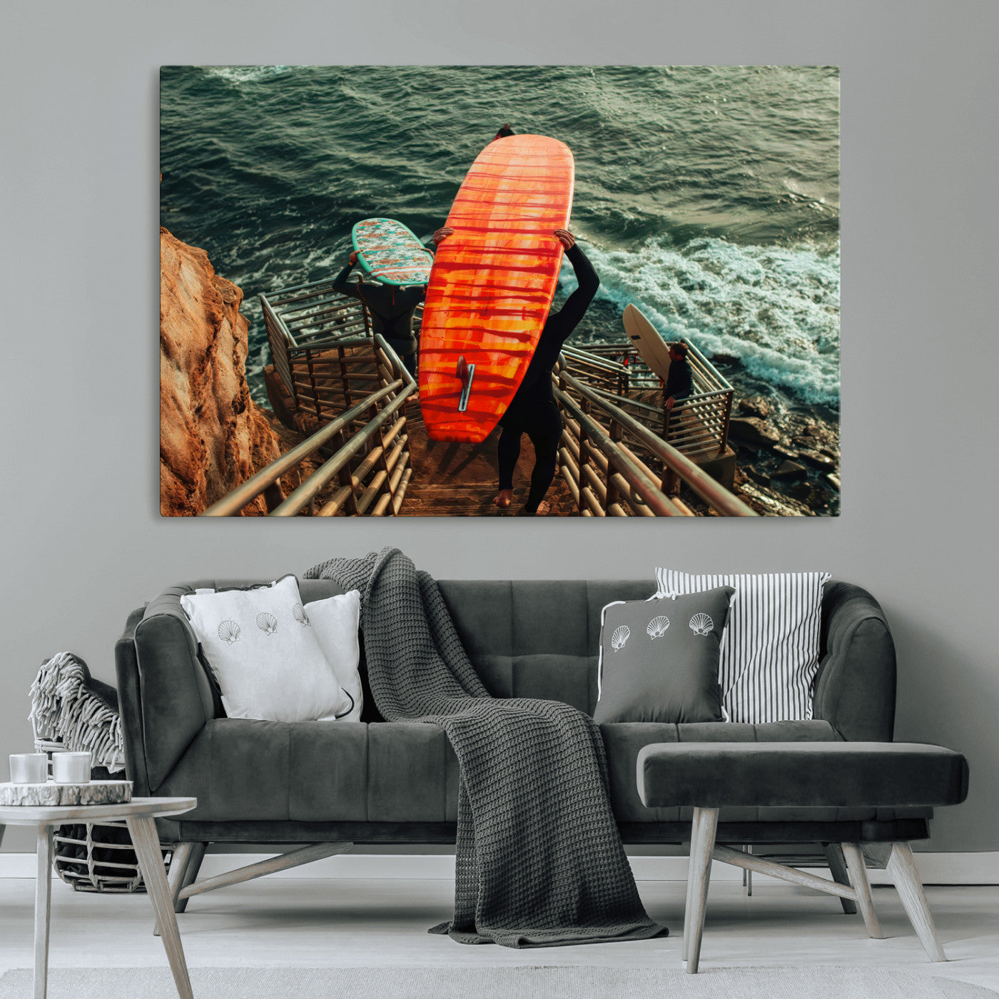 84555848-MGV-CV-36X24-Surfer Stairway Wall Art Canvas Print, Framed Ocean Surf Art Picture Print, Sunset Coastal Perfect Coastal Adventure Decor Artwork