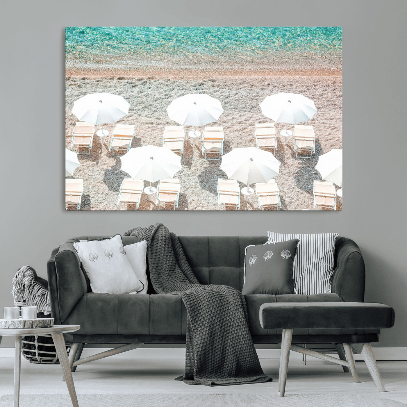 83736167-MGV-CV-36X24-Calm Beach Wall Art Canvas Print, Framed Turquoise Water Art Picture Print, Umbrella Shoreline Perfect Coastal Minimalist Decor