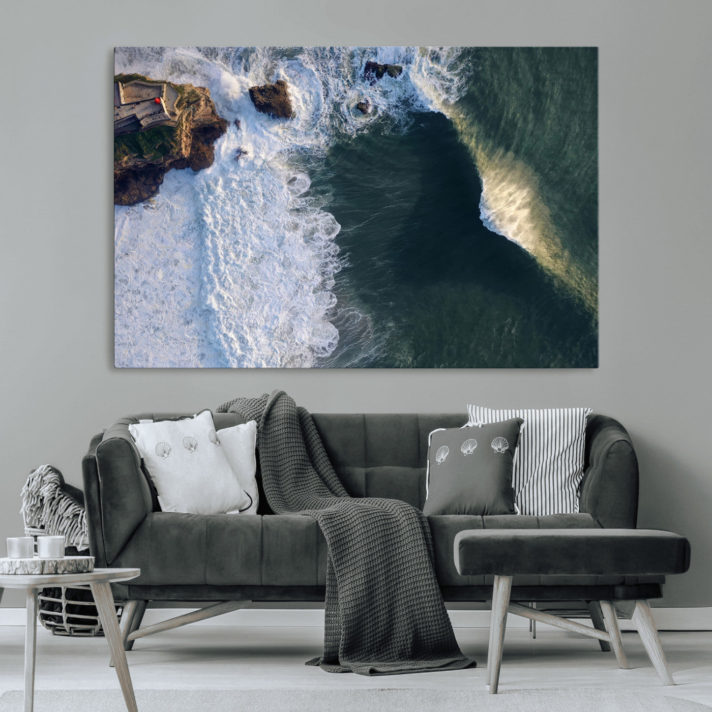 37405684-MGV-CV-36X24-Nazaré Coast Wall Art Canvas Print, Framed Aerial Ocean Art Picture Print, Coastal Fortress Perfect Dramatic Coastal Decor Artwork