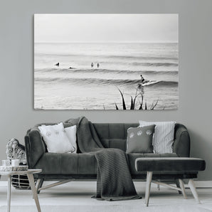 33821421-MGV-CV-36X24-Surfer Silhouette Wall Art Canvas Print, Framed Calm Ocean Art Picture Print, Monochrome Surf Perfect Minimalist Coastal Decor