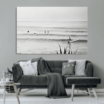 33821421-MGV-CV-36X24-Surfer Silhouette Wall Art Canvas Print, Framed Calm Ocean Art Picture Print, Monochrome Surf Perfect Minimalist Coastal Decor