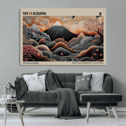 55739266-MGV-CV-36X24-Japanese Wall Art Print – Abstract Yayoi Kusama Inspired Dotted Landscape Poster, Surreal Oriental Mountain and Cherry Blossom