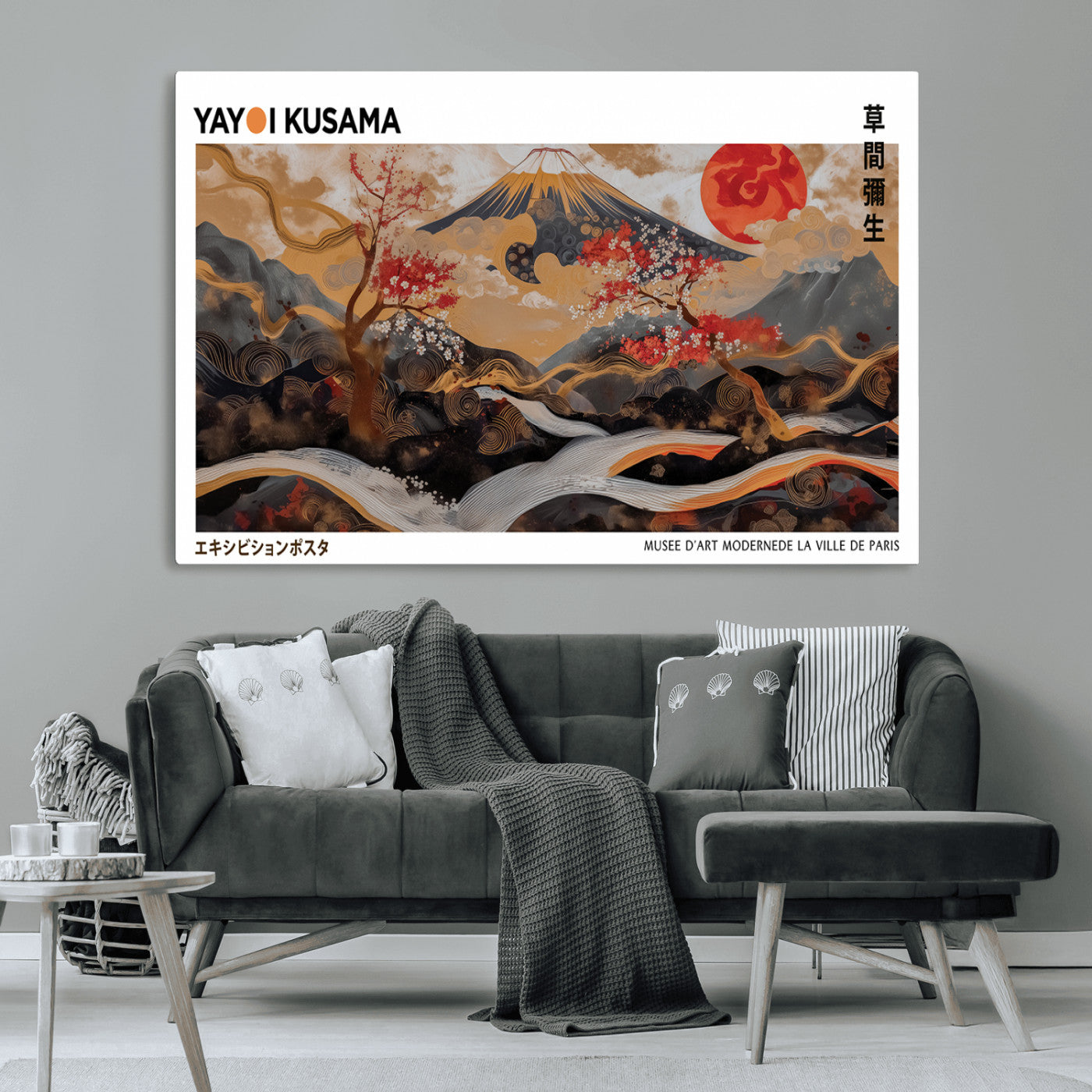 40959107-MGV-CV-36X24-Japanese Fuji Wall Art Print – Red Sun & Cherry Blossom Poster, Gold Wave Ukiyo-e Inspired Modern Japan Landscape Painting,