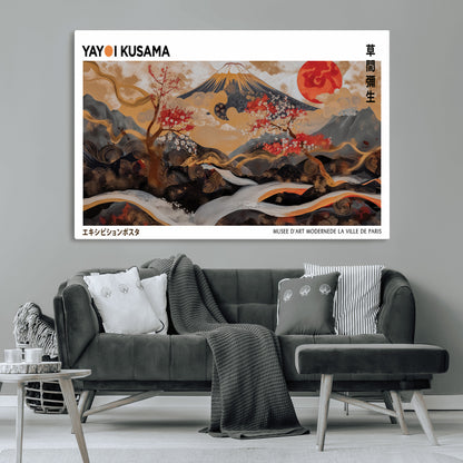40959107-MGV-CV-36X24-Japanese Fuji Wall Art Print – Red Sun & Cherry Blossom Poster, Gold Wave Ukiyo-e Inspired Modern Japan Landscape Painting,