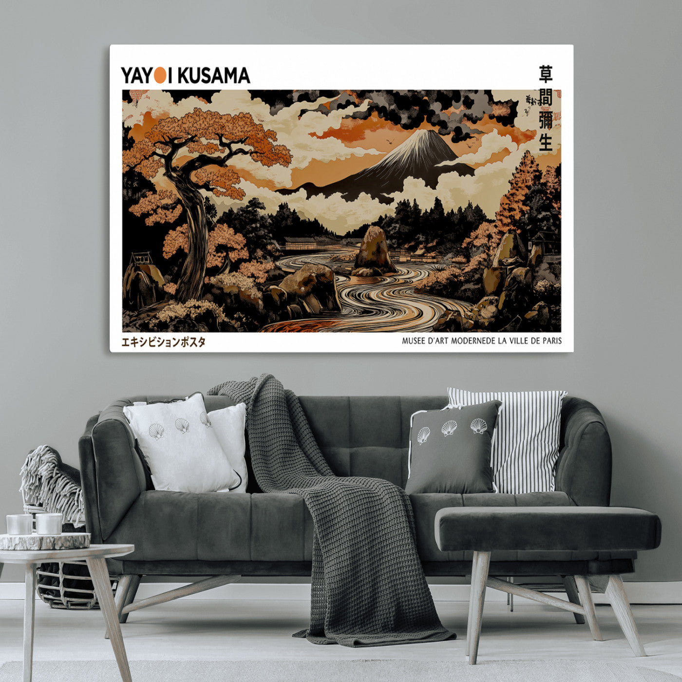 96372548-MGV-CV-36X24-Japanese Landscape Wall Art Print – Mt. Fuji Poster with Bonsai Tree & River, Ukiyo-e Inspired Modern Japanese Artwork, Autumn
