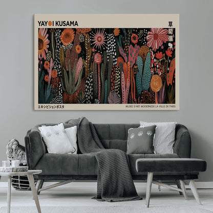 28344895-MGV-CV-36X24-Dark Floral Abstract Wall Art Poster – Modern Botanical Canvas Print with Beige Border, Kusama Inspired Boho Flower Painting,