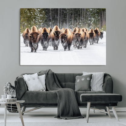 22695857-MGV-CV-36X24-Bison Herd Scene Wall Art Canvas Print, Framed Western Wildlife Art Picture Print, Rustic Animal Art Perfect Rustic Lodge Decor