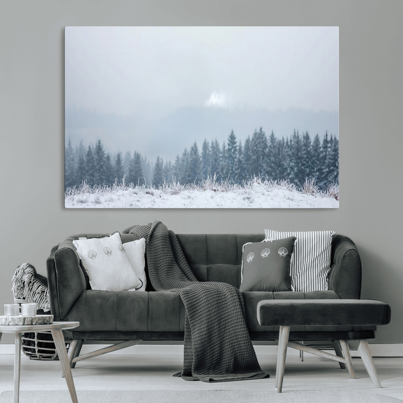 33033082-MGV-CV-36X24-Winter Forest Art Wall Art Canvas Print, Framed Snowy Landscape Art Picture Print, Misty Tree Scene Perfect Nordic Minimalist