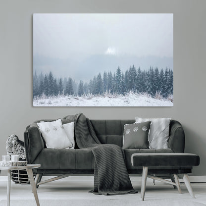 33033082-MGV-CV-36X24-Winter Forest Art Wall Art Canvas Print, Framed Snowy Landscape Art Picture Print, Misty Tree Scene Perfect Nordic Minimalist