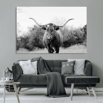 97280319-MGV-CV-36X24-Longhorn Photography Wall Art Canvas Print, Framed Western Cow Decor Art Picture Print, Texas Ranch Style Perfect Rustic Farmhouse