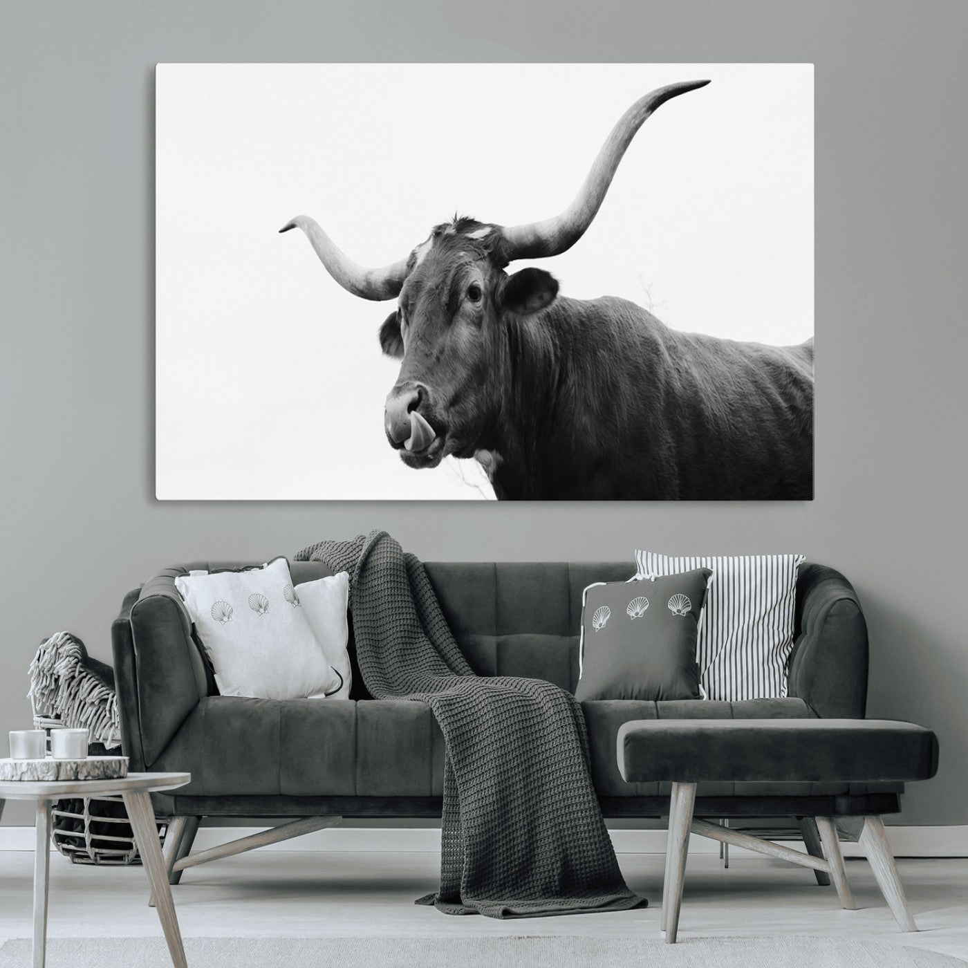 99244177-MGV-CV-36X24-Longhorn Photography Wall Art Canvas Print, Framed Western Cow Decor Art Picture Print, Black White Bull Perfect Modern Rustic