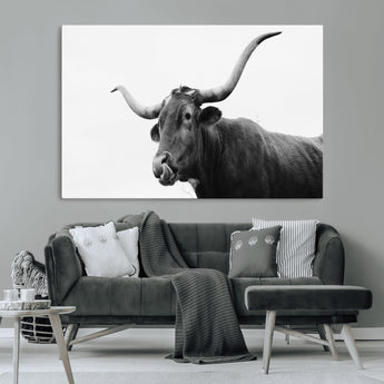 99244177-MGV-CV-36X24-Longhorn Photography Wall Art Canvas Print, Framed Western Cow Decor Art Picture Print, Black White Bull Perfect Modern Rustic