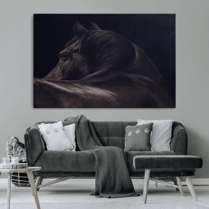 67026880-MGV-CV-36X24-Black Horse Portrait Wall Art Canvas Print, Framed Moody Horse Decor Art Picture Print, Equestrian Wall Style Perfect Masculine