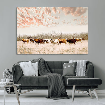 43704663-MGV-CV-36X24-Country Cow Herd Wall Art Canvas Print, Framed Farmhouse Cattle Scene Art Picture Print, Rustic Ranch Decor Perfect Rustic