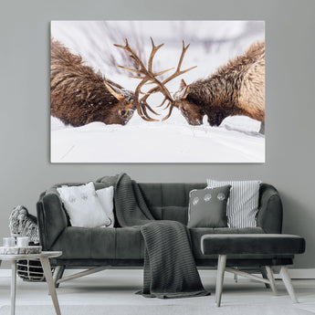 36507609-MGV-CV-36X24-Elk Clash Scene Wall Art Canvas Print, Framed Wildlife Strength Decor Art Picture Print, Snowy Forest Elk Perfect Rustic Lodge