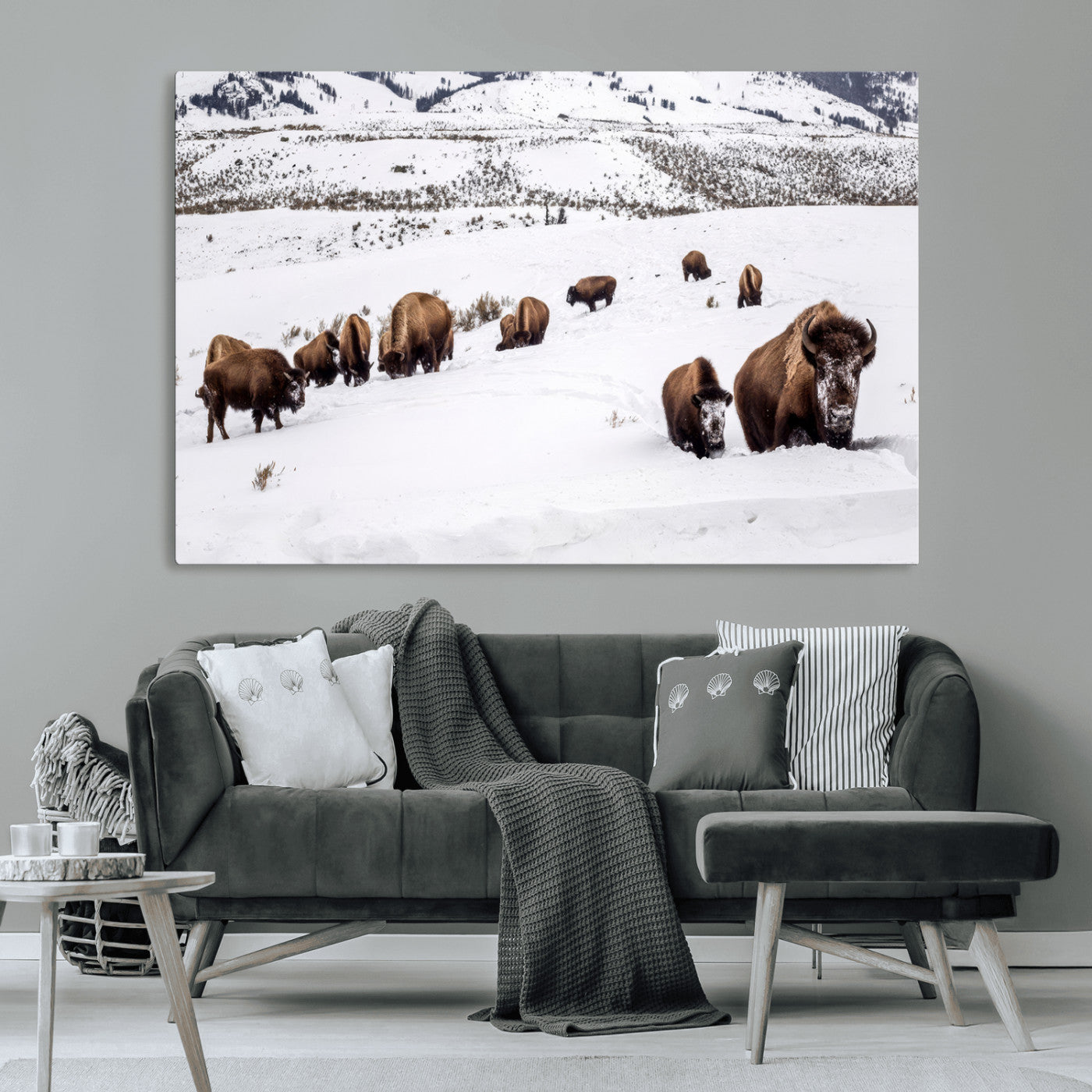 13891210-MGV-CV-36X24-Bison Herd Scene Wall Art Canvas Print, Framed Western Wildlife Decor Art Picture Print, Snowy Mountain Valley Perfect Rustic