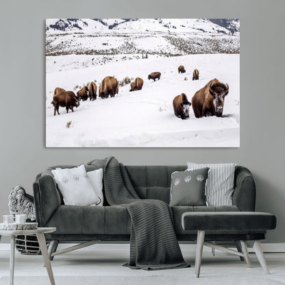 13891210-MGV-CV-36X24-Bison Herd Scene Wall Art Canvas Print, Framed Western Wildlife Decor Art Picture Print, Snowy Mountain Valley Perfect Rustic