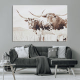 48161868-MGV-CV-36X24-Longhorn Cow Decor Wall Art Canvas Print, Framed Rustic Cattle Art Picture Print, Sepia Western Vibe Perfect Neutral Rustic