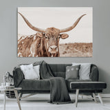 77810049-MGV-CV-36X24-Longhorn Bull Photo Wall Art Canvas Print, Framed Rustic Cow Decor Art Picture Print, Neutral Farmhouse Style Perfect Rustic
