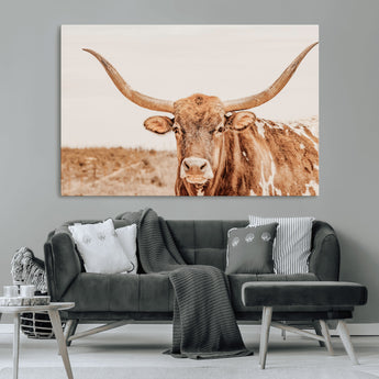 74406977-MGV-CV-36X24-Longhorn Bull Decor Wall Art Canvas Print, Framed Western Cow Theme Art Picture Print, Rustic Farmhouse Wall Perfect Neutral