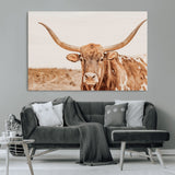 74406977-MGV-CV-36X24-Longhorn Bull Decor Wall Art Canvas Print, Framed Western Cow Theme Art Picture Print, Rustic Farmhouse Wall Perfect Neutral