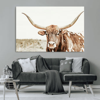 98924580-MGV-CV-36X24-Texas Longhorn Bull Wall Art Canvas Print, Framed Rustic Farmhouse Decor Art Picture Print, Western Animal Theme Perfect Rustic