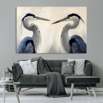 18230556-MGV-CV-36X24-Blue Heron Pair Wall Art Canvas Print, Framed Coastal Bird Theme Art Picture Print, Tranquil Wildlife Scene Perfect Coastal