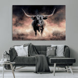 71457818-MGV-CV-36X24-Longhorn Wall Art Wall Art Canvas Print, Framed Western Bull Canvas Art Picture Print, Rustic Cow Decor Perfect Western Dramatic